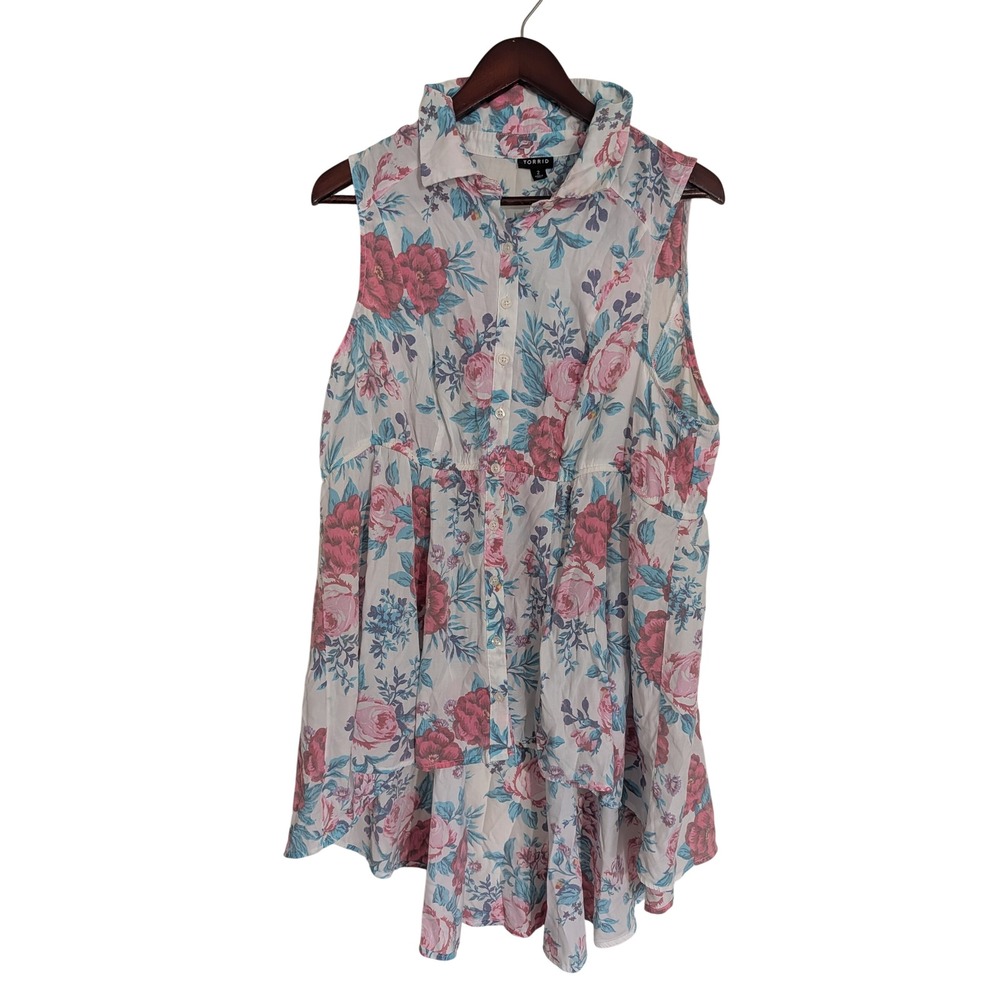 Torrid Floral High Low Sleeveless Tunic‎ Top Pink Blue White Size 2/2X Boho